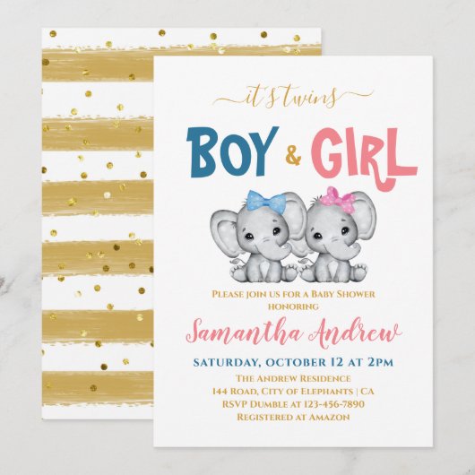 Het is Twins Cute Elephant Boy & Girl Baby shower Kaart (Voorkant / Achterkant)