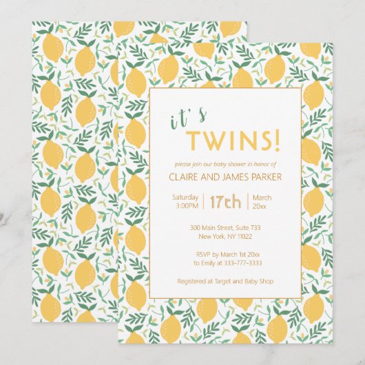 Het is Twins Cute Yellow Lemon Foliage Baby shower Kaart (Voorkant / Achterkant)