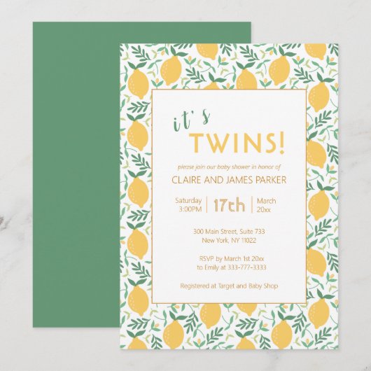 Het is Twins Cute Yellow Lemon Foliage Baby shower Kaart (Voorkant / Achterkant)