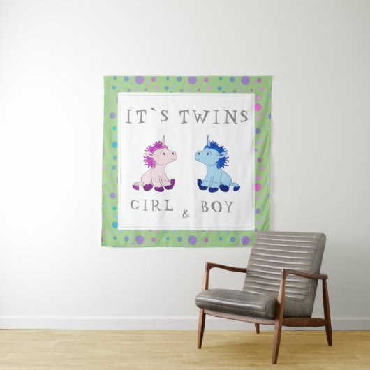 Het is Twins Eenhoorn Roze en Blauw Baby shower Wandkleed (In situ)