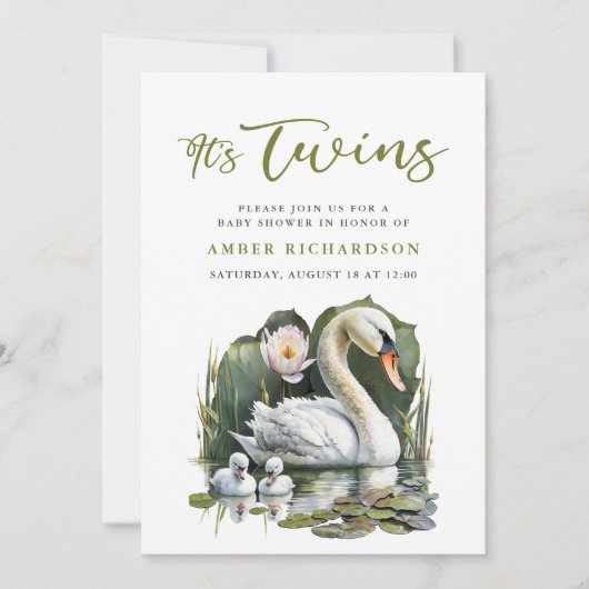 Het is Twins Elegant Groen Script Swan Baby shower Kaart (Voorkant)