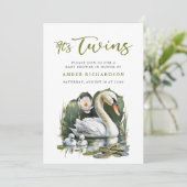 Het is Twins Elegant Groen Script Swan Baby shower Kaart (Staand voorkant)