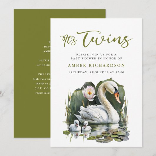 Het is Twins Elegant Groen Script Swan Baby shower Kaart (Voorkant / Achterkant)