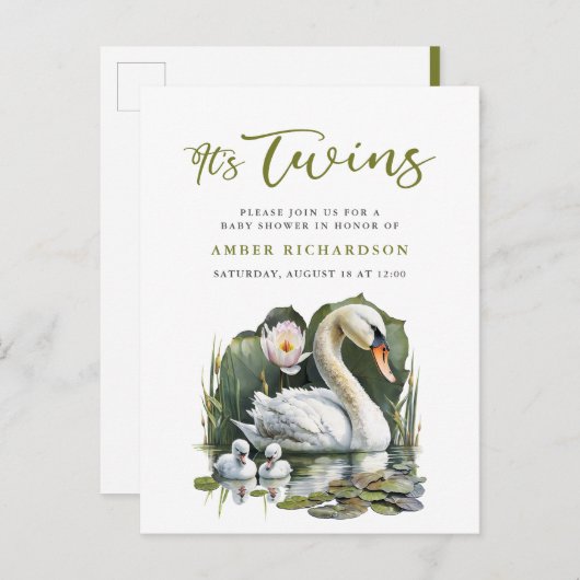 Het is Twins Elegant Groen Script Swan Baby shower Uitnodiging Briefkaart (Voorkant / Achterkant)