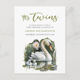 Het is Twins Elegant Groen Script Swan Baby shower Uitnodiging Briefkaart