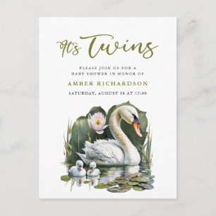 Het is Twins Elegant Groen Script Swan Baby shower Uitnodiging Briefkaart