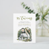 Het is Twins Elegant Groen Script Swan Baby shower Uitnodiging Briefkaart (Staand voorkant)