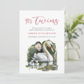Het is Twins Elegant Roze Script Swan Baby shower Kaart (Staand voorkant)