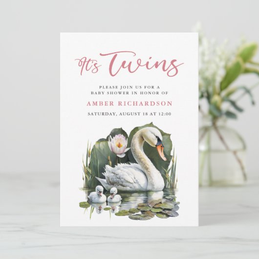 Het is Twins Elegant Roze Script Swan Baby shower Kaart (Staand voorkant)