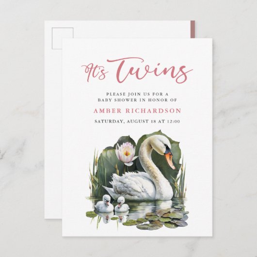 Het is Twins Elegant Roze Script Swan Baby shower Uitnodiging Briefkaart (Voorkant / Achterkant)
