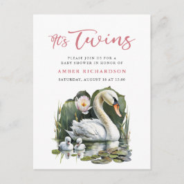 Het is Twins Elegant Roze Script Swan Baby shower Uitnodiging Briefkaart