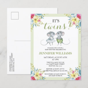 Het is Twins Green Floral Boy & Girl Baby shower Uitnodiging Briefkaart