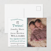 Het is Twins Modern Blauwgroen Photo Birth Announc Aankondigingskaart (Voorkant / Achterkant)