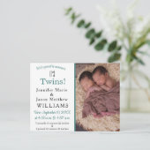Het is Twins Modern Blauwgroen Photo Birth Announc Aankondigingskaart (Staand voorkant)
