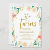 Het is Twins Peach Gold Glitter Floral Baby shower Kaart (Voorkant)
