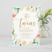 Het is Twins Peach Gold Glitter Floral Baby shower Kaart (Staand voorkant)