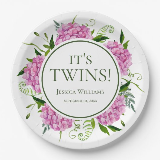 Het is Twins Pink Hydrangeas Baby shower Papieren Bordje (Voorkant)