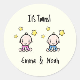 Het is Twins!, Roze & Blauw Gepersonaliseerde Twee Ronde Sticker