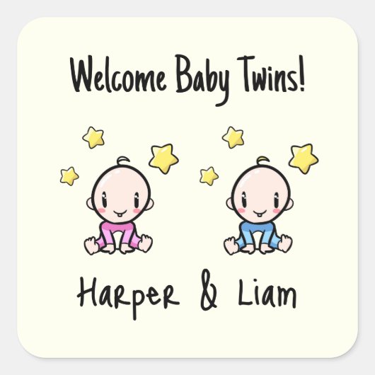 Het is Twins!, Roze & Blauw Gepersonaliseerde Twee Vierkante Sticker (Voorkant)