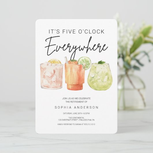 Het is vijf uur overal met pensioen feest kaart (Staand voorkant)