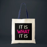 Het is wat het is - Motivatie Canvas tas" Tote Bag<br><div class="desc">Omarm het leven met deze stijlvolle "Het is wat het is" canvas tas! Perfect voor het dragen van uw benodigdheden, deze duurzame en trendy tas is voorzien van een gedurfd ontwerp dat resoneert met een positieve mindset. Of je nu op weg bent naar de supermarkt, de sportschool of een dagje...</div>