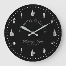 Het is Wine O'Clock Elegant Silver Black Monogram Grote Klok