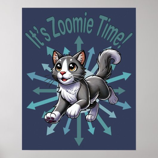 Het is Zoomie Time Grey Bicolor Cat Poster (Voorkant)