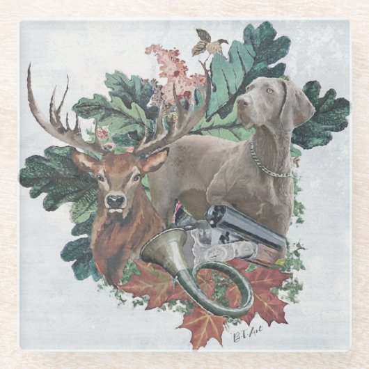 Het jagen met een Weimaraner, "Gray Ghost" Glazen Onderzetter (Voorkant)