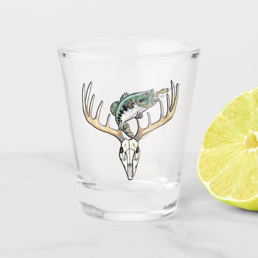 Het jagen Vist Bass met Deer Skull Shot Glas (Voorkant)
