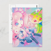 Het Japanse Meisje van Wamono met Katje Kawaii Briefkaart (Voorkant / Achterkant)