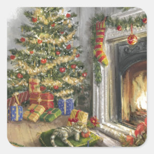 Het Kat van de slaap door de Boom van Kerstmis Vierkante Sticker