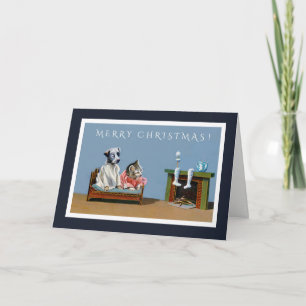 Het katje en het Puppy wachten op de Kerstkaart Feestdagen Kaart
