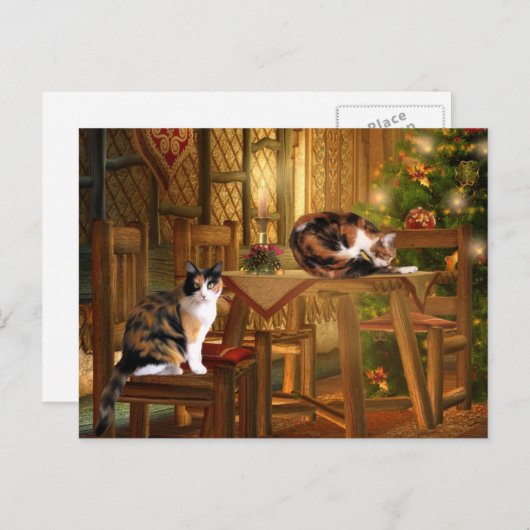 Het katKerstmis van het calico Feestdagenkaart (Voorkant / Achterkant)