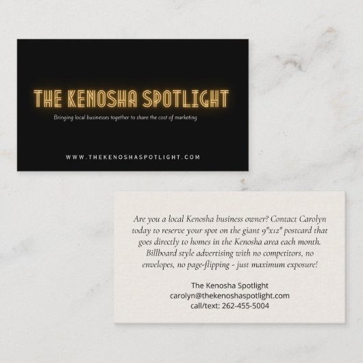 Het Kenosha Spotlight Visitekaartje (Voorkant / Achterkant)