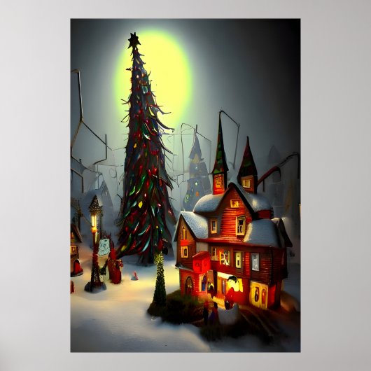 Het kerstdorp 's nachts | AI Art Poster (Voorkant)