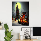 Het kerstdorp 's nachts | AI Art Poster (Thuiskantoor)