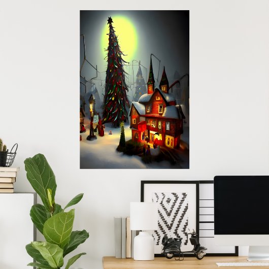 Het kerstdorp 's nachts | AI Art Poster (Thuiskantoor)