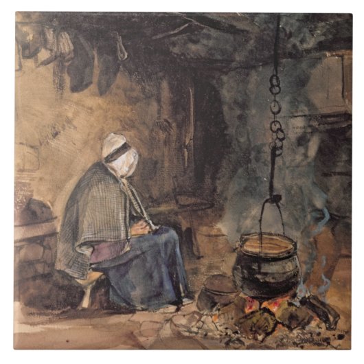Het kijken van de pot kook - een huisinterieur tegeltje (Voorkant)