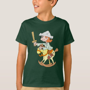 Het kind rijdt op een schommelend paard t-shirt