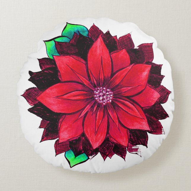 Het KLASSIEKE RODE Ontwerp van POINSETTIA Rond Kussen (Voorkant)