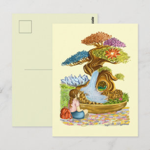 Het kleine meisje en haar reusachtige bonsai. briefkaart
