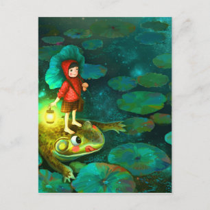 Het kleine meisje in de vijver met kikker.jpg briefkaart
