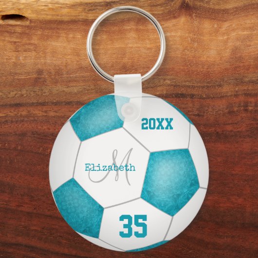het kleine turquoise - blauwe en witte voetbalseiz sleutelhanger (Voorkant)