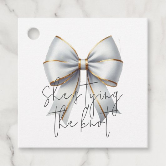 Het knopen van de Knot Gold White Bow Vrijgezellen Bedankjes Labels (Voorkant)