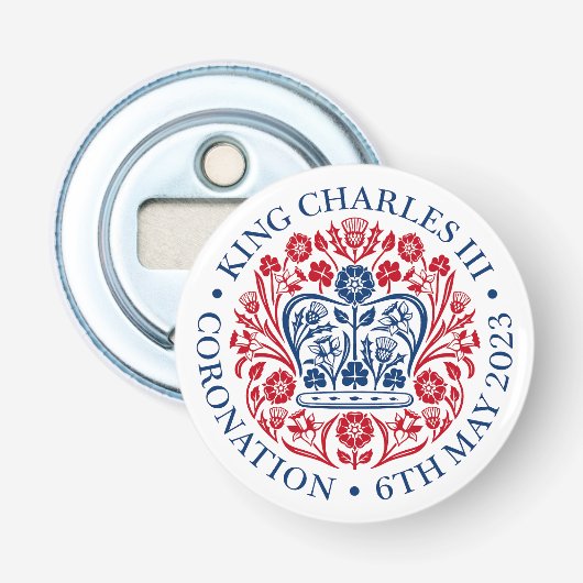 Het koningsembleem van koning Charles 2023 Button Flesopener (Voorkant)