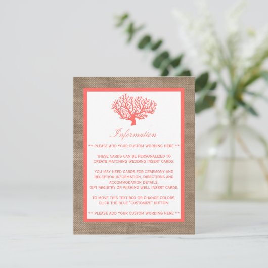 Het koraal op het strand van Burlap Boho Collectie Informatiekaartje (Staand voorkant)