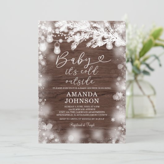 Het koude buiten sneeuwvlok winterhout Baby shower Kaart (Staand voorkant)
