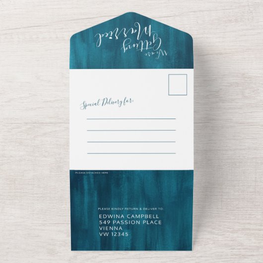 Het krijgen van een trouwtrouwfoto blauwgroen aqua all in one uitnodiging (Buitenkant)