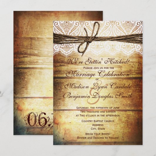 Het krijgen van gehitte Rustic Wood Wedding Uitnod Kaart (Voorkant / Achterkant)