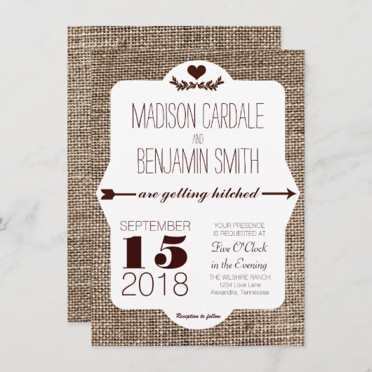 Het krijgen van Hitched Burlap Druk Wedding Uitnod Kaart (Voorkant / Achterkant)